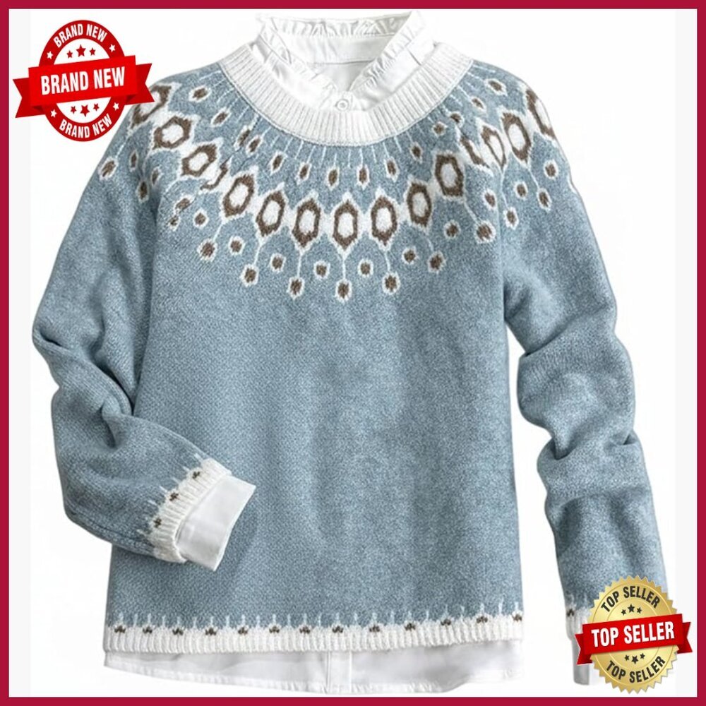 Fair Isle Sweater Pullover Crew Neck Long Sleeve Knit Winter Top